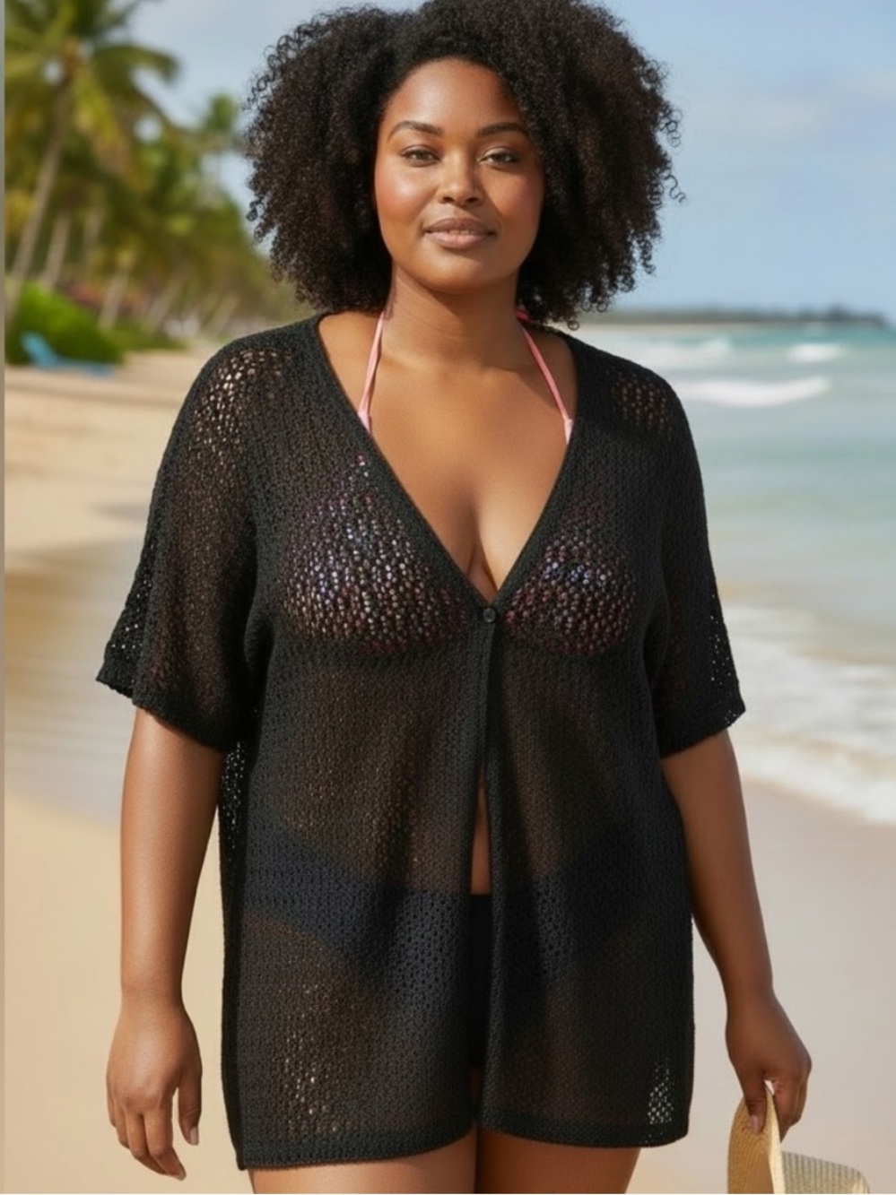 Pennington’s Y2K 90’s Black Crochet Open Stitch Short Sleeve Beach Cover Up Top